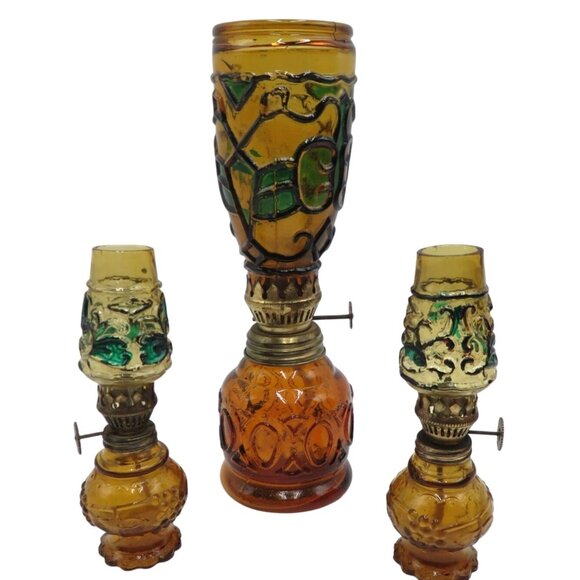 AMBER Glass Miniature Oil LAMP Trio With Hand-Painted Detailing Vintage - Picture 2 of 11